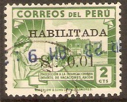 Peru 1951 1c on 2c Dull green. SG755.