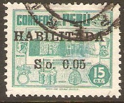 Peru 1951 5c on 15c Turquoise. SG756.