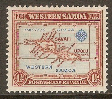 Samoa 1939 1d Light blue and red-brown. SG196.