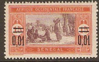 Senegal 1922 0,01 on 15c Purple and chestnut. SG102.