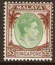 Singapore 1948 $5 Green and brown. SG15.