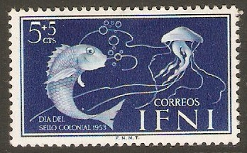 Ifni 1953 5c +5c Deep bright blue - Fish and Jellyfish. SG97.