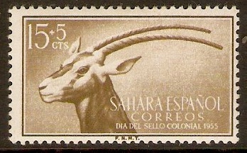 Spanish Sahara 1955 15c +5c Dp olive-bistre - Stamp Day. SG121.