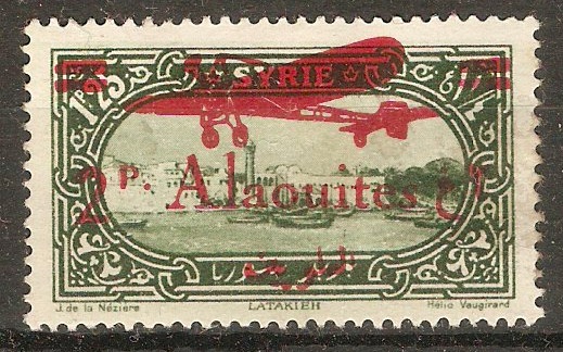 Alaouites 1929 2p on 1p.25 Green - Air series. SG62.