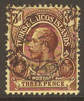 Turks and Caicos 1913 3d Purple on yellow. SG133.