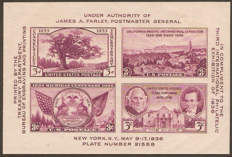 United States 1936 Philatelic Exhibition Sheet. SGMS777.