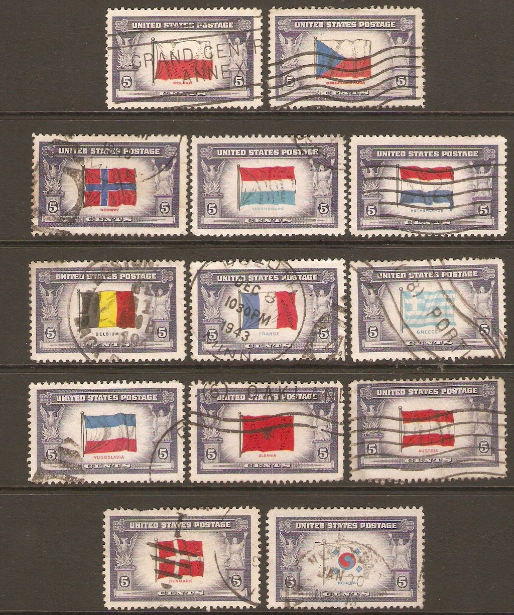 United States 1943 Flags of Oppressed Nations set. SG906-SG918.