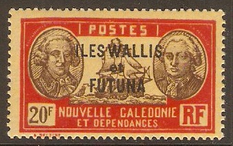 Wallis and Futuna 1930 20f Brown and scarlet on yellow. SG84.