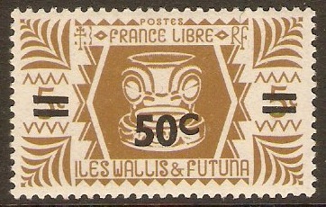 Wallis and Futuna 1945 50c on 5c Olive-brown. SG141.