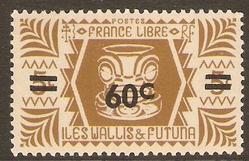 Wallis and Futuna 1945 60c on 5c Olive-brown. SG142.