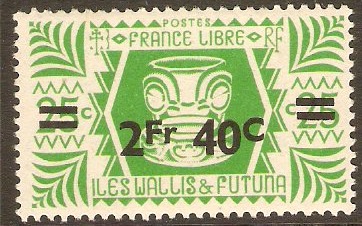 Wallis and Futuna 1945 2f.40 on 25c Emerald-green. SG145.