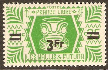Wallis and Futuna 1945 3f on 25c Emerald-green. SG146.
