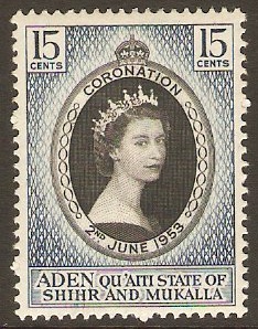 Qu'aiti State 1953 15c Coronation Stamp. SG28.