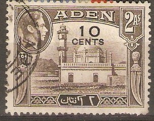 Aden 1951 10c on 2a Sepia. SG37.