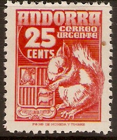 Andorra 1949 25c Orange-vermilion - Express Letter. SGE54.