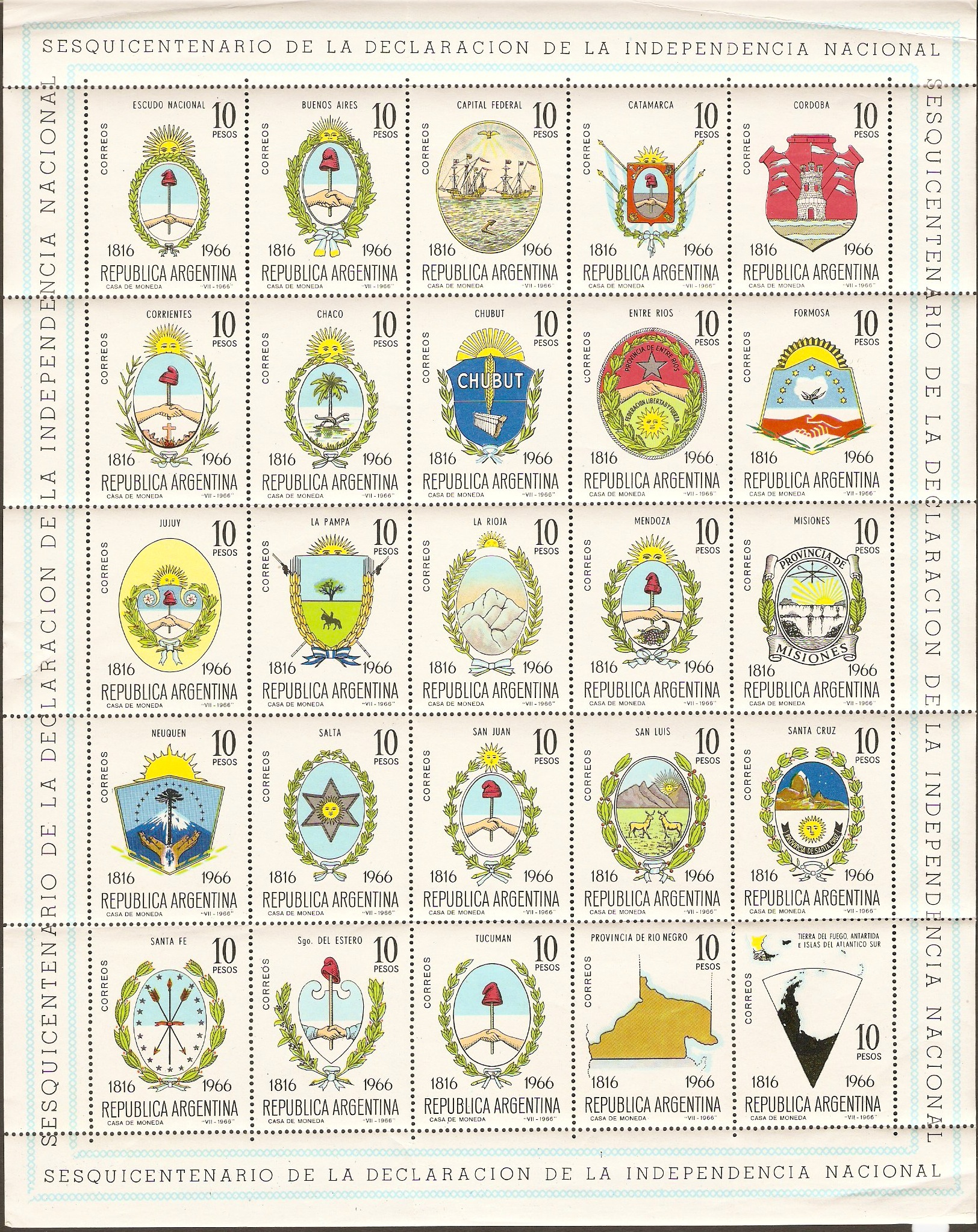 Argentina 1966 Independence Stamps Sheet. SGMS1172.