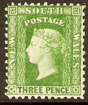 New South Wales 1882 3d Yellow-green. SG226f.