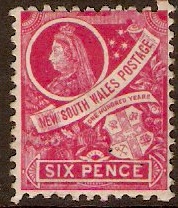 New South Wales 1888 6d Carmine. SG256.