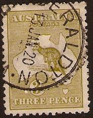 Australia 1913 3d. Olive Kangaroo. SG3.