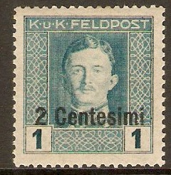 Issue for Italy 1918 2c on 1h Greenish blue. SG1.