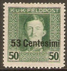 Issue for Italy 1918 53c on 50h Blue-green. SG13.