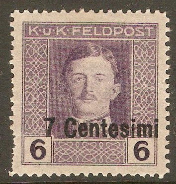 Issue for Italy 1918 7c on 6h Violet. SG5.