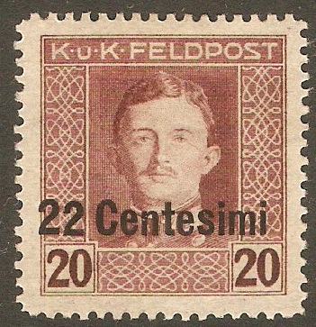 Issue for Italy 1918 22c on 20h Red-brown. SG9.