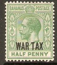 Bahamas 1918 d Green "WAR TAX" Stamp. SG96.