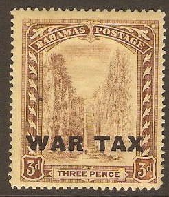 Bahamas 1918 3d Purple on yellow "WAR TAX" Stamp. SG98.