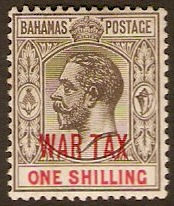 Bahamas 1918 1s Grey-black and carmine "WAR TAX" Stamp. SG99.