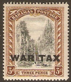 Bahamas 1919 3d Black and brown "WAR TAX" Stamp. SG100.