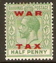 Bahamas 1919 d Green "WAR TAX" Stamp. SG102.