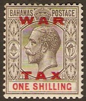 Bahamas 1919 1s Grey-black and carmine "WAR TAX" Stamp. SG104.