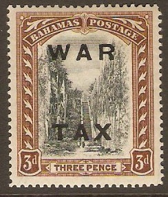 Bahamas 1919 3d Black and brown "WAR TAX" Stamp. SG105.
