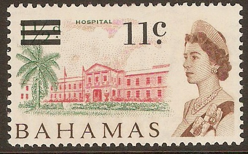 Bahamas 1966 11c on 1d Rose-red, green and brown. SG280.
