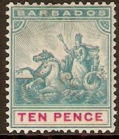 Barbados 1892 10d Dull blue-green and carmine. SG113.