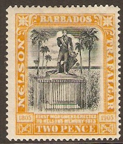 Barbados 1906 2d Black and yellow. SG148.