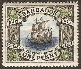Barbados 1906 1d Black, blue and green. SG152.