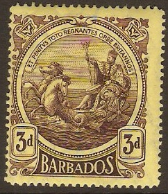 Barbados 1916 3d Purple on yellow. SG186.