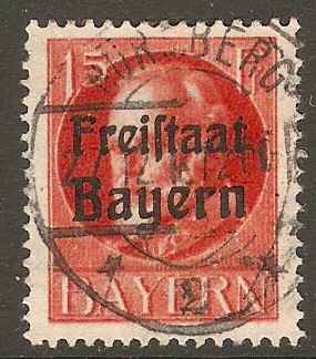 Bavaria 1919 15pf Scarlet - Opt. Freistaat Bayern series. SG235A