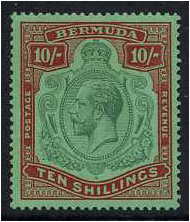 Bermuda 1924 10s. Green and Red on Pale Emerald. SG92.