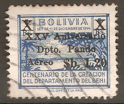 Bolivia 1966 1p.20 on 1b Deep blue - Dpto Pando overprint. SG806