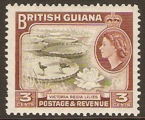 British Guiana 1954 3c Brown-olive and red-brown. SG333.
