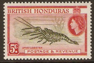 British Honduras 1953 5c Deep olive-green and scarlet. SG183.