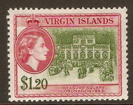 British Virgin Islands 1956 $1.20 Dp yell.-grn, carm.-red. SG159