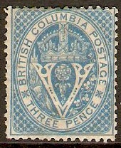 British Columbia 1865 3d pale blue. SG22.
