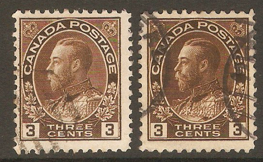 Canada 1911 3c Brown and 3c Deep brown. SG204-SG205.