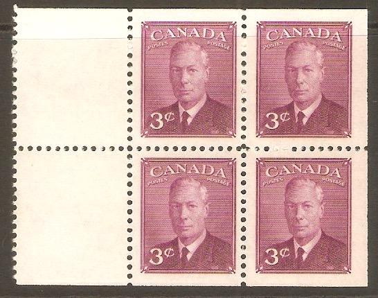 Canada 1949 3c Purple - Booklet pane (4+2 labels). SG416a.