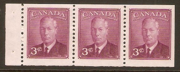Canada 1949 3c Purple - Booklet pane. SG423a.