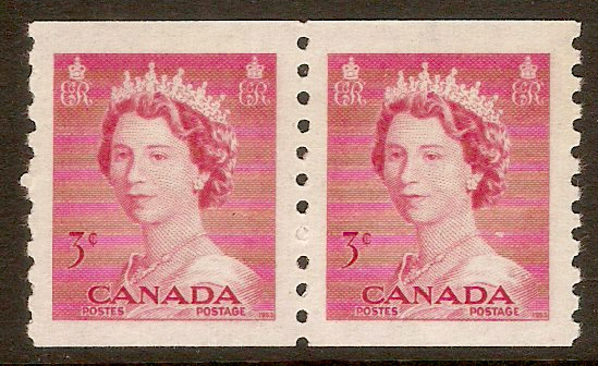 Canada 1953 3c Carmine - Coil stamp. SG456.